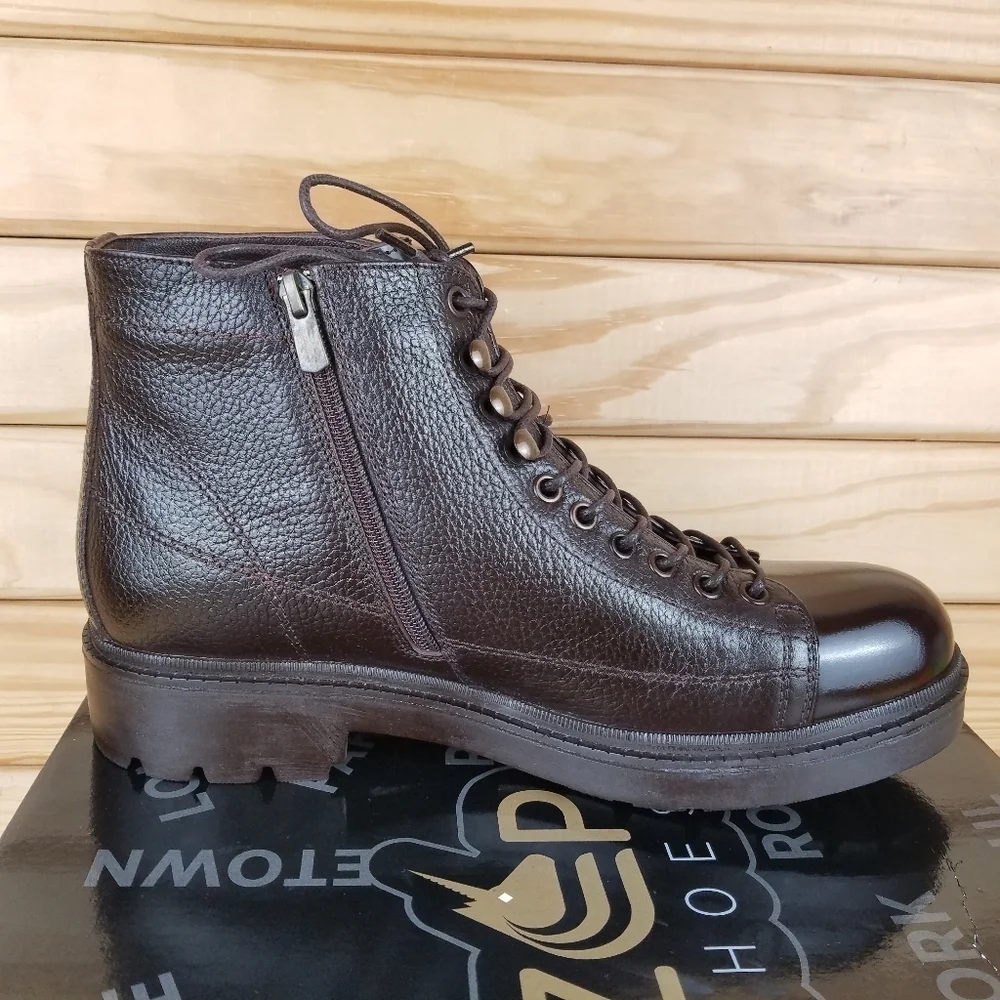 Men's 10 US 100% Genuine Leather Brown Ankle Boots Paul Branco Side Zip Lace-up